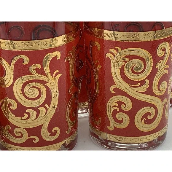Culver ltd MCM Red 22K Gold Swirl Set of 6 Leaf Scroll Baroque High Ball Glasses - Picture 14 of 16